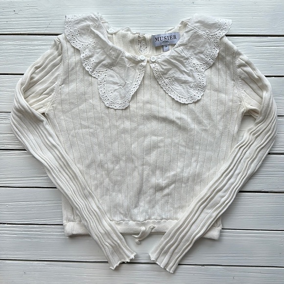 Musier Paris Long Sleeve Crop Top Eyelet Collar Ivory sz M - Picture 1 of 4